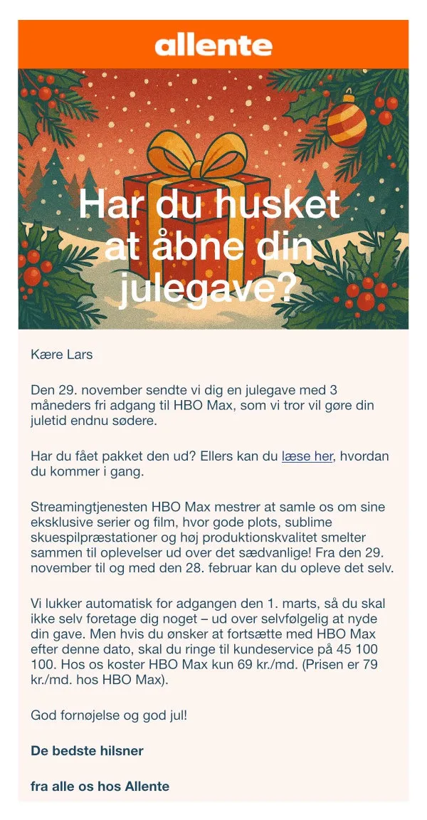 Allente-remindermail for HBO Max-julegave Allente-remindermail for HBO Max-julegave